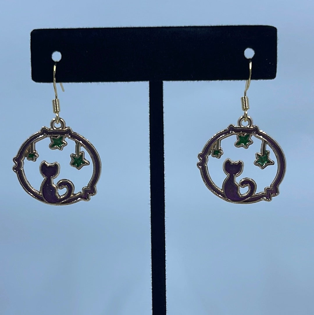 Cat and Star Gold Tone Enamel Earrings