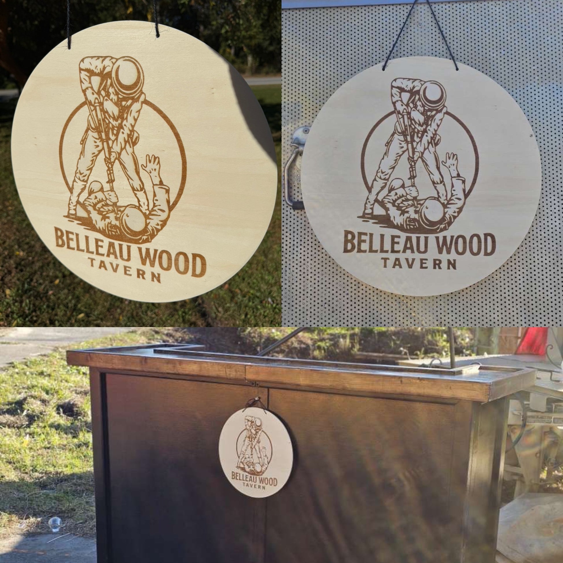Wooden sign with 'Belleau Wood Tavern' logo on a stand outdoors.
