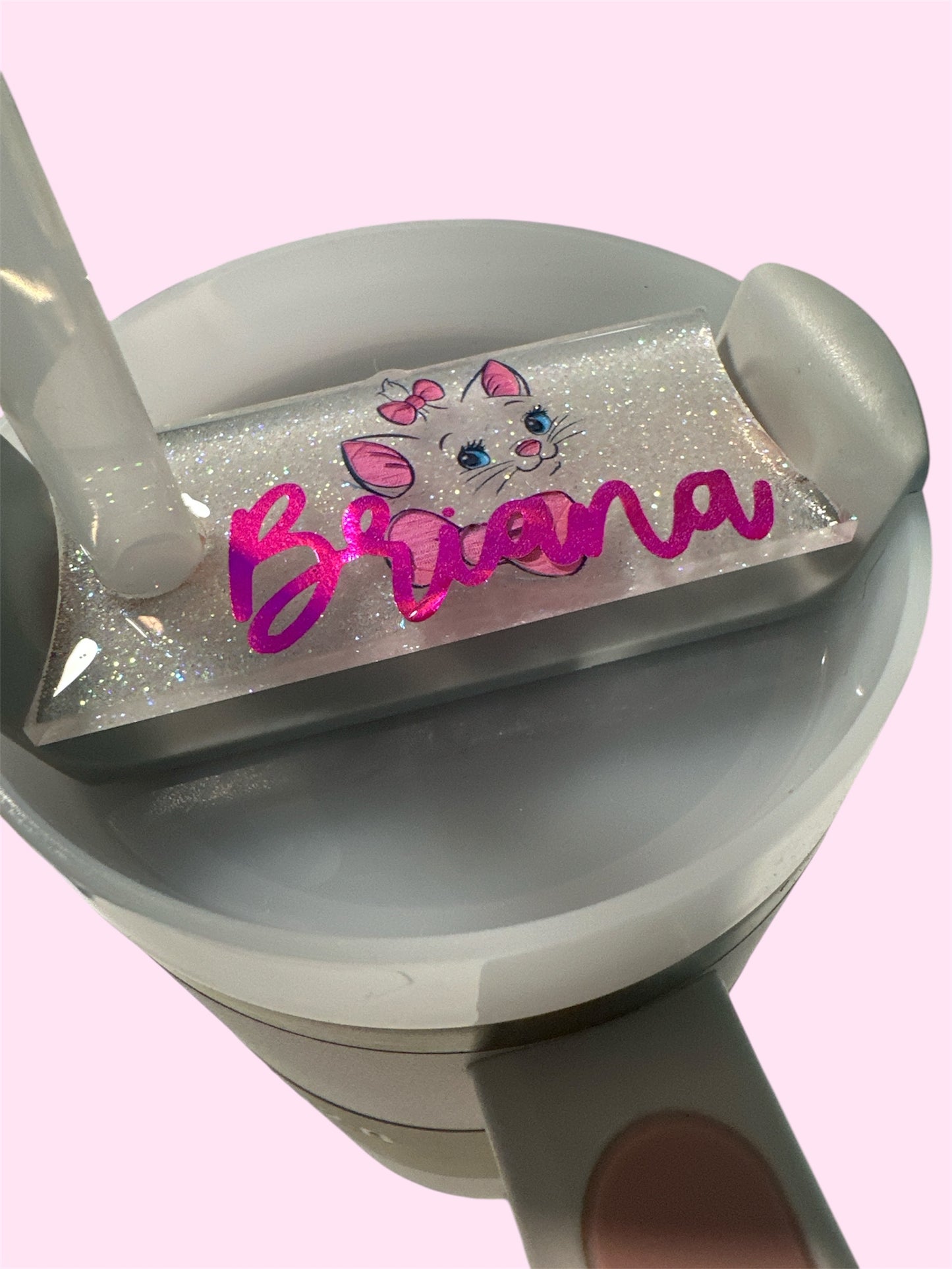 Custom Cat Personalized Simple Name Badge Tag for 2.0 Tumbler Topper slides on straw 40oz 30oz with engraved name on holographic resin clear acrylic
