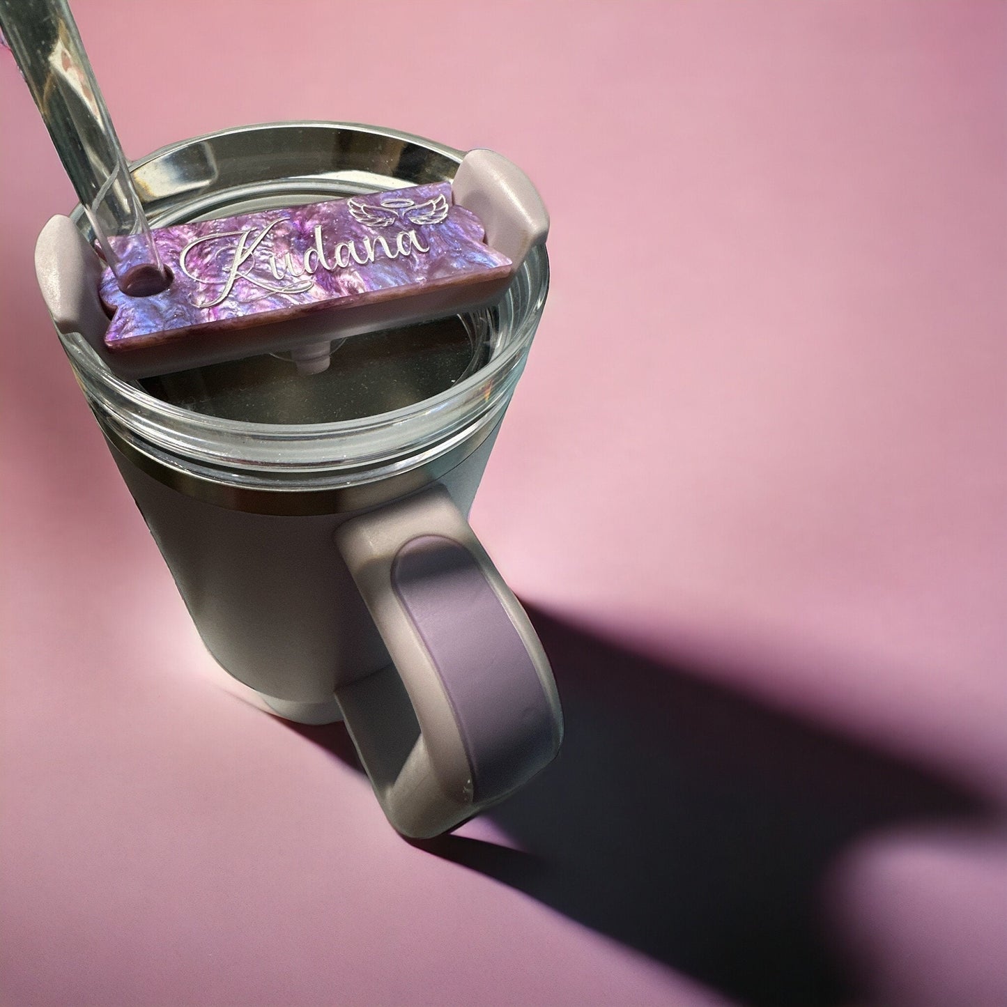 Custom Personalized Simple Name Badge Tag for 2.0 Tumbler Topper slides on straw 40oz 30oz with engraved name on purple marble acrylic
