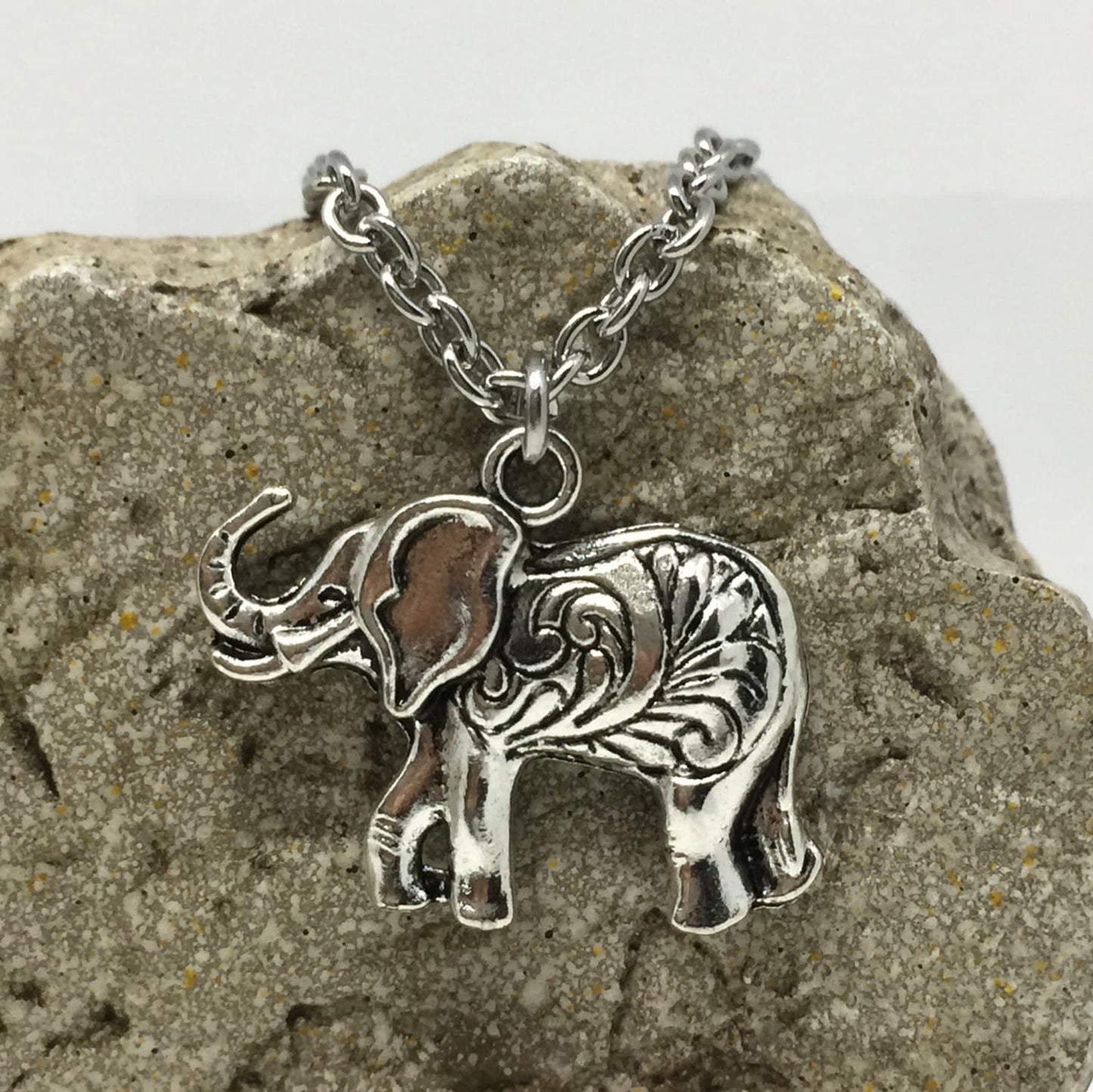 Elephant trunk up good luck charm necklace stainless steel sterling silver chain lead nickel free hypoallergenic