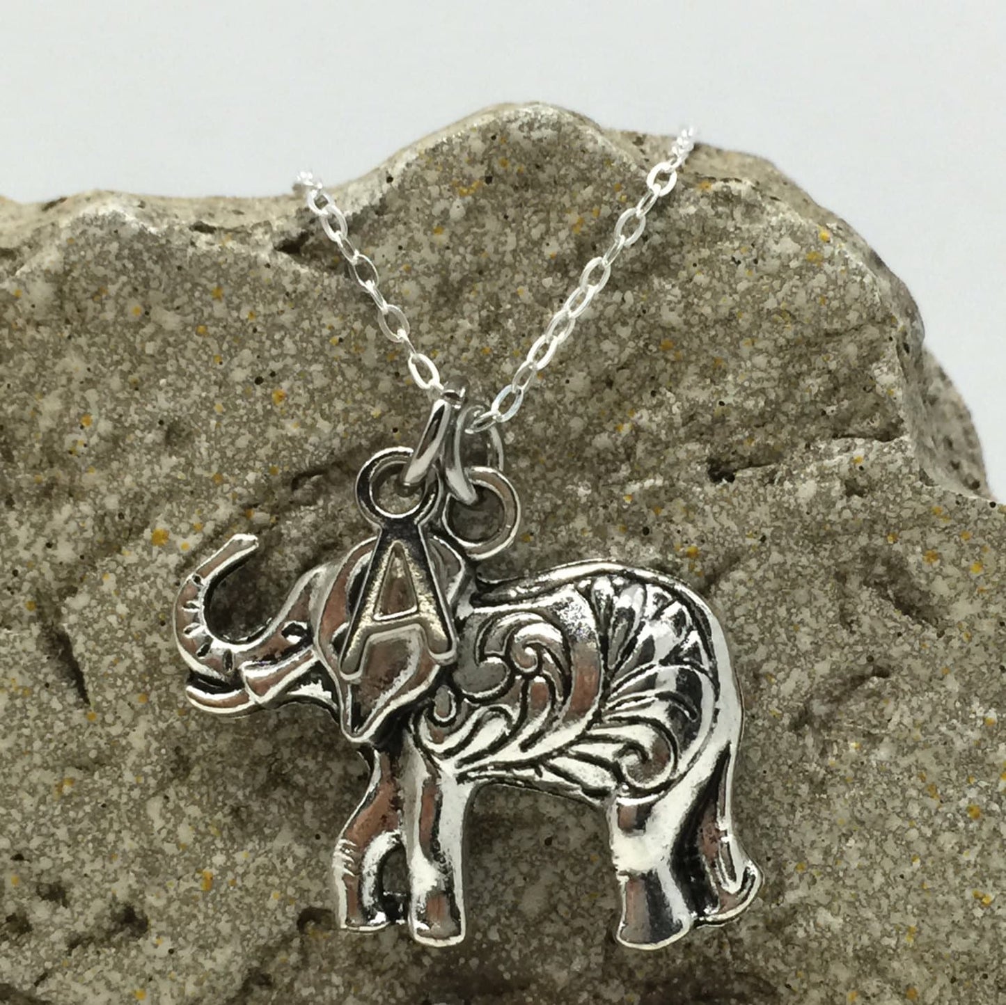Elephant trunk up good luck charm necklace stainless steel sterling silver chain lead nickel free hypoallergenic