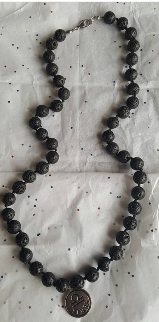 Black lava rock zodiac necklace