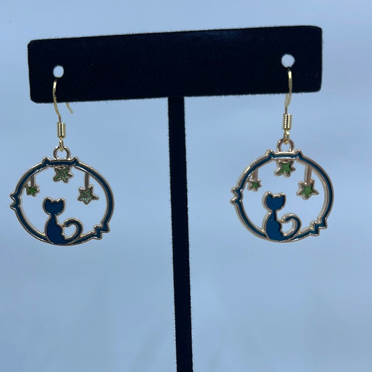 Cat and Star Gold Tone Enamel Earrings
