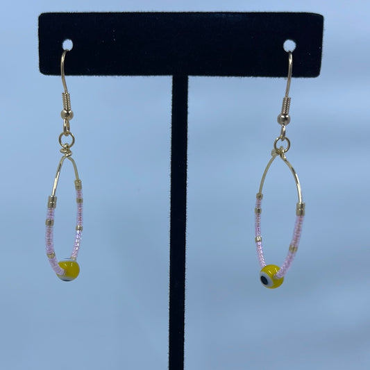 Pink and Gold with Yellow Evil Eye Bead Hoop Earrings