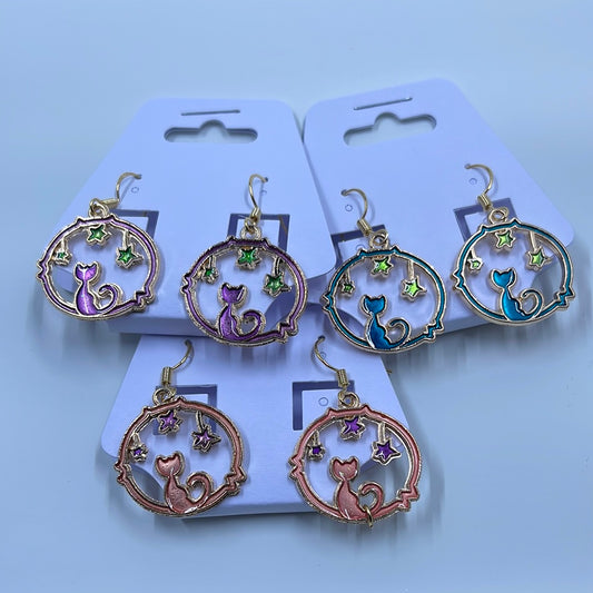 Cat and Star Gold Tone Enamel Earrings